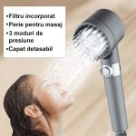 Para Dus cu Perie Masaj, Reglare Mod Presiune Apa, Cap Detasabil, Gri Metalic - imagine 9