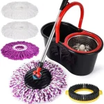 Set mop magic rotativ 360 grade , cu talpă și cuva din inox , 4 rezerve diferite + perie rosturi, rezerve incluse