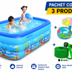 Pachet Vară Familie – Piscină 180x125x54 Gonflabilă pentru Copii, Colac Gonflabil cu Parasolar și Furtun Extensibil 30 m cu Pistol de Stropit