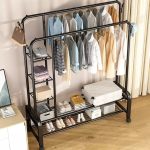 Organizator metalic pentru haine și pantofi, suport dublu cu roți, 162×135 cm, Negru - imagine 3