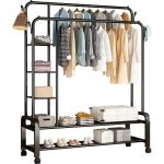 Organizator metalic pentru haine și pantofi, suport dublu cu roți, 162×135 cm, Negru