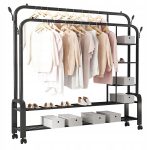 Organizator metalic pentru haine și pantofi, suport dublu cu roți, 162×135 cm, Negru - imagine 7