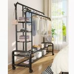 Organizator metalic pentru haine și pantofi, suport dublu cu roți, 162×135 cm, Negru - imagine 8