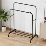 Suport metalic pentru haine tip dressing mobil, cu 2 bare pentru umerașe, roți și raft inferior, 150 cm, Negru - imagine 4