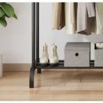 Suport metalic pentru haine tip dressing mobil, cu 2 bare pentru umerașe, roți și raft inferior, 150 cm, Negru - imagine 5