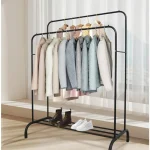 Suport metalic pentru haine tip dressing mobil, cu 2 bare pentru umerașe, roți și raft inferior, 150 cm, Negru