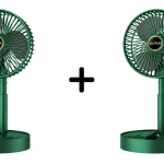 Set 1+1 Ventilator de Birou Pliabil, 3 Trepte de Viteză, Suport Telefon Integrat, Încărcare MicroUSB, Verde