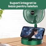 Set 1+1 Ventilator de Birou Pliabil, 3 Trepte de Viteză, Suport Telefon Integrat, Încărcare MicroUSB, Verde - imagine 7