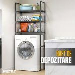 Raft Depozitare pentru Baie deasupra Mașinii de Spălat, 3 Polițe, Design Modular, Aluminiu și Plastic, 65 x 25 x 155 cm, Negru - imagine 6