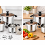 Set 3 Oale din Inox cu Capace din Sticlă – 24/26/28 cm, 5/6,5/7,5 L, Calitate Înaltă