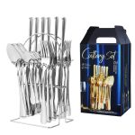 Set Tacâmuri 24 Piese din Oțel Inoxidabil cu Suport, pentru 6 Persoane, Design Elegant, Inox Rezistent, Argintiu - imagine 2