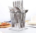 Set Tacâmuri 24 Piese din Oțel Inoxidabil cu Suport, pentru 6 Persoane, Design Elegant, Inox Rezistent, Argintiu