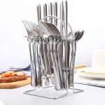 Set Tacâmuri 24 Piese din Oțel Inoxidabil cu Suport, pentru 6 Persoane, Design Elegant, Inox Rezistent, Argintiu