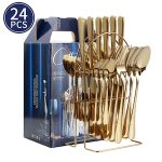 Set Tacâmuri Aurii 24 Piese cu Suport din Oțel Inoxidabil, pentru 6 Persoane, Design Elegant, Inox Rezistent - imagine 2