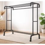 Suport Haine Metalic cu 2 Rafturi, Capacitate 70 kg, Design Arcuit, Negru, Organizator pentru Dormitor și Hol