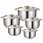 Set Vase de Gătit Inox Auriu – 10 Piese, 5 Oale cu Capace, Antiaderent, Compatibil Inducție și Toate Plitele, 16–24 cm