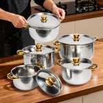 Set Vase de Gătit Inox Auriu – 10 Piese, 5 Oale cu Capace, Antiaderent, Compatibil Inducție și Toate Plitele, 16–24 cm - imagine 2