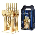 Set Tacâmuri Aurii 24 Piese cu Suport din Oțel Inoxidabil, pentru 6 Persoane, Design Elegant, Inox Rezistent - imagine 3