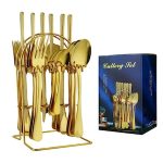 Set Tacâmuri Aurii 24 Piese cu Suport din Oțel Inoxidabil, pentru 6 Persoane, Design Elegant, Inox Rezistent