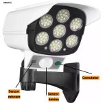 Set 5 Lămpi Solare Tip Cameră de Supraveghere, 77 LED, Cameră Falsă, Senzor Mișcare, IP65, Telecomandă, Albă