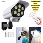 Set 5 Lămpi Solare Tip Cameră de Supraveghere, 77 LED, Cameră Falsă, Senzor Mișcare, IP65, Telecomandă, Albă - imagine 6
