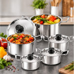Set 5 Oale din Inox cu Capace din Inox – 16/18/20/22/24 cm, Calitate Înaltă