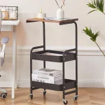 Măsuță Portabilă pentru Cafea cu Roți, 2 Polițe și Blat de Lucru, Oțel Carbon, Negru, 79 × 43 × 30 cm - imagine 2