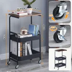 Măsuță Portabilă pentru Cafea cu Roți, 2 Polițe și Blat de Lucru, Oțel Carbon, Negru, 79 × 43 × 30 cm