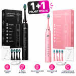 Set 2 Periuțe Electrice Sonice, Negru și Roz, 5 Moduri de Curățare, Reîncărcabile USB, 8 Capete de Rezervă, Rezistente la Apă IPX7