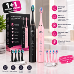 Set 2 Periuțe Electrice Sonice, Negru și Roz, 5 Moduri de Curățare, Reîncărcabile USB, 8 Capete de Rezervă, Rezistente la Apă IPX7 - imagine 3