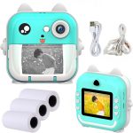 Aparat Foto-Video FULL HD pentru copii, cu functie de printare, ecran LCD de 2.4 inch, 3 role incluse, snur de sustinere, Turcoaz - imagine 2