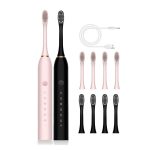 Set periute de dinti electrice, 2 bucati, 8 capete de schimb, 6 viteze, USB, negru roz, 15x2.8x2.8cm - imagine 3