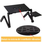 Masuta laptop reglabila inaltime din aluminiu, masa cu sistem dublu ventilatie tip coller USB, suport reglabil mouse, Standing desk multifunctional, 42x27x6cm, Neagra - imagine 7